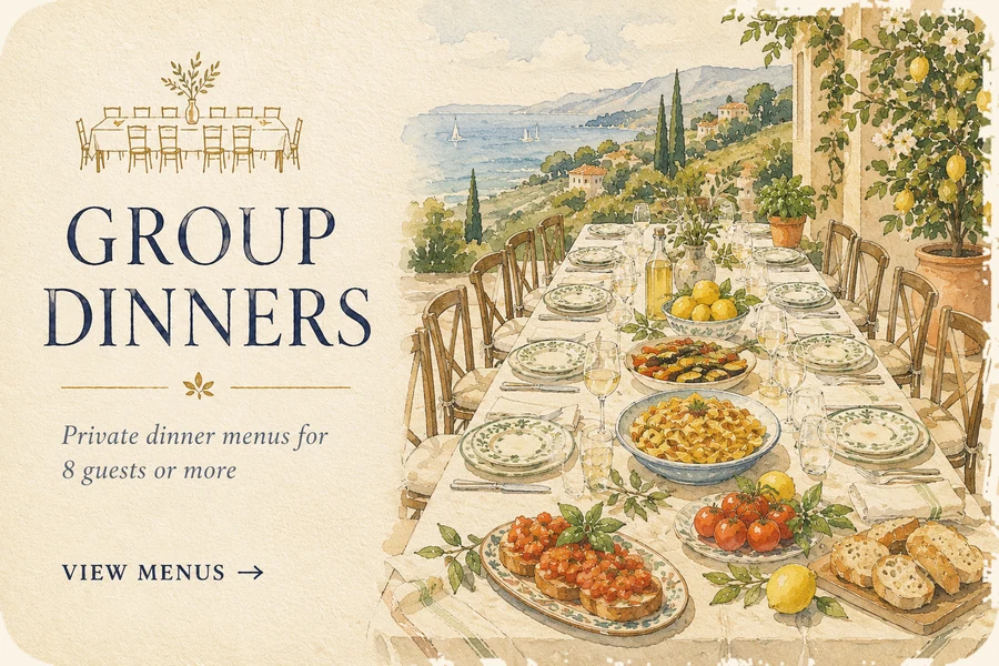 Watercolor Group Dinners card with a long villa table and Tuscan dishes.