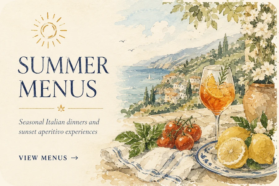 Watercolor Summer Menus card with Spritz, lemons, tomatoes and a coastal Tuscan view.