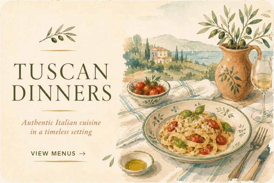 Watercolor Tuscan Dinners card with pasta, olive oil and a Tuscan landscape.