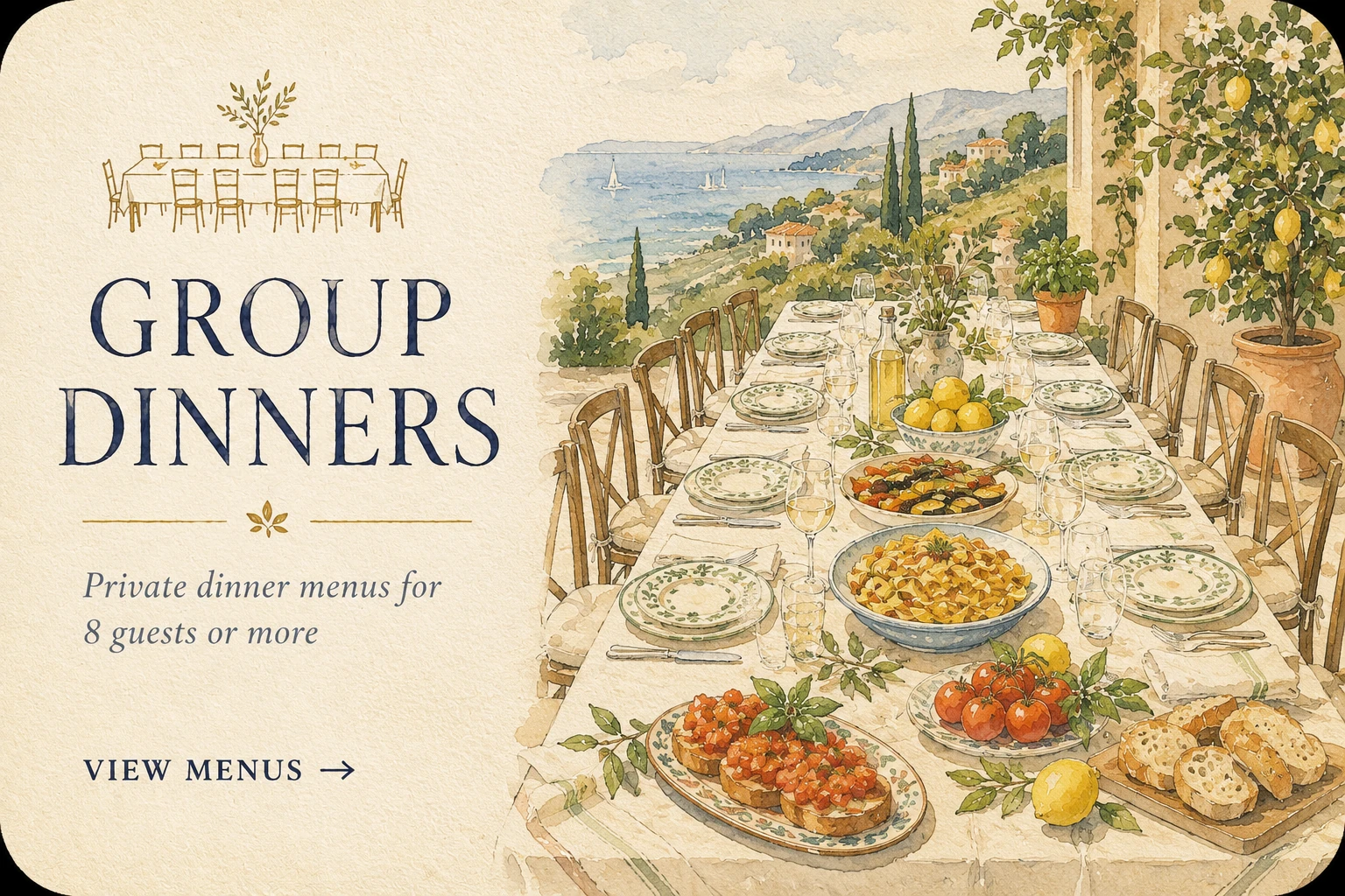 Watercolor Tuscan terrace table set for a group dinner.